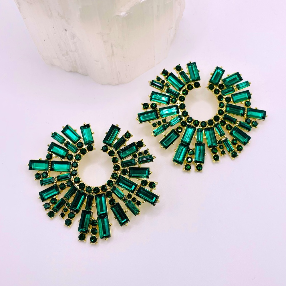 Green Rhinestone Statement Earrings - Picture 2 of 7